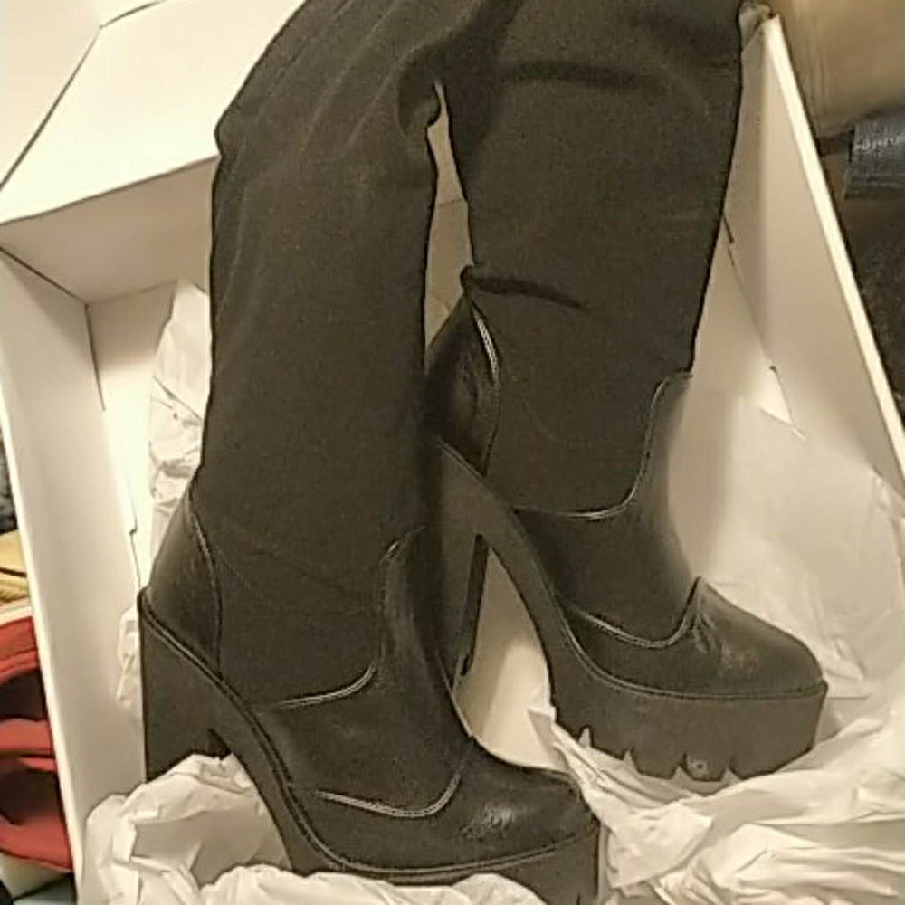 Vegan leather and fabric platform boots